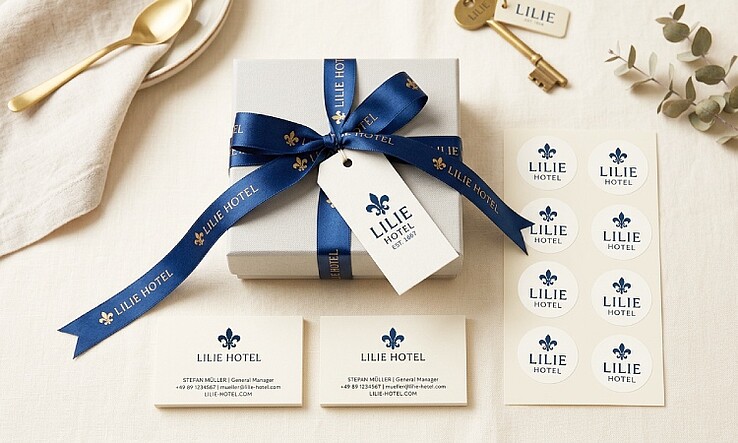 product example with hang tag, stickers and business cards