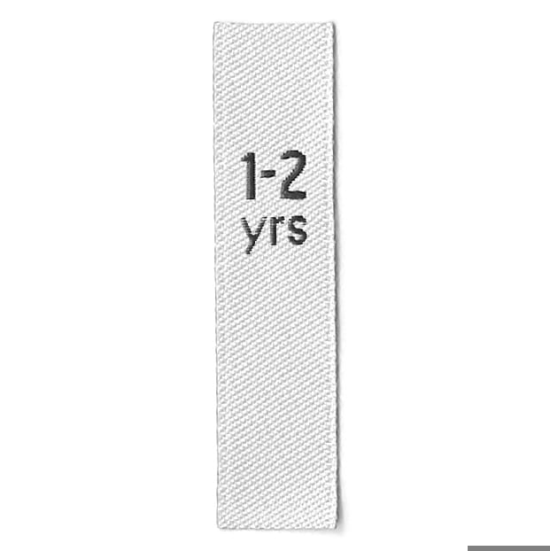 Child & Toddler Sizes - White with black text: 1-2 yrs - 12-14 yrs